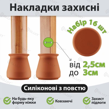 Накладки захисні силіконові ковзаючі з повстю(войлоком). Розмір ніжки від 2.5 до 3 см. К-т 16 шт. Коричневі з рудим. Gluit