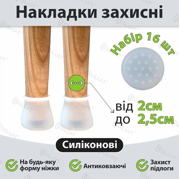 Накладки захисні силіконові антиковзаючі. Розмір ніжки від 2 до 2.5 см. К-т 16 шт. Сірі. Gluit