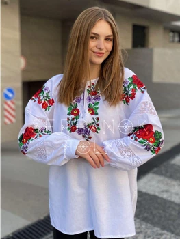 Святкова жіноча вишиванка біла "Ясміна" блуза квіткова на домотканому полотні 12606-44 (М)