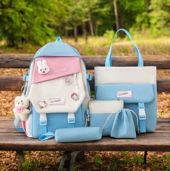 Рюкзак 5 в 1 школьный для девочки Fashion/Rabbit (набор: рюкзак, шоппер, пенал, сумочка, кошелек), бирюзовый