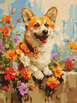 Malowanie po numerach Ideyka Corgi w kwiatach 30 x 40 cm (4823104363453)