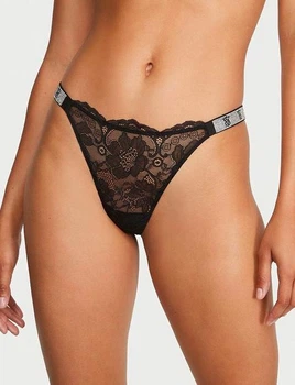 Жіночі трусики камінці зі стразами Victoria's Secret Shine Strap Lace Thong Panty мереживо S чорні