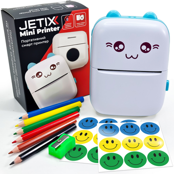 Портативный термопринтер JETIX Mini printer Blue | Детский принтер с набором карандашей и стикеров