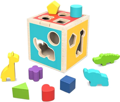 Sorter Tooky Toy Drewniana kostka Zwierzęta i figury geometryczne (6972633372776)