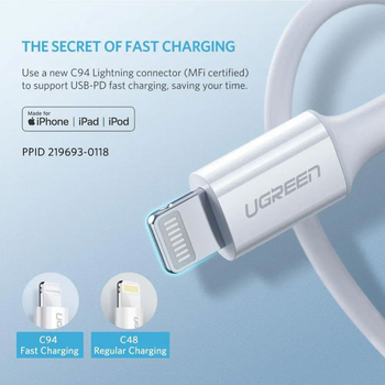 Kabel Ugreen USB Type-C do Apple Lightning 1 m MFi Biały (US171/10493)