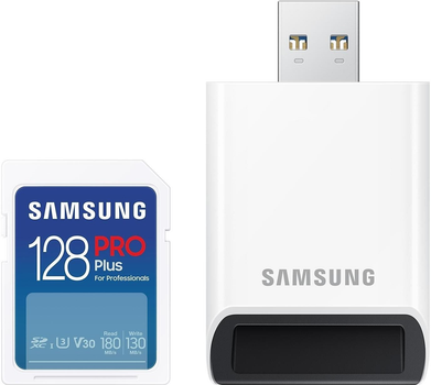 Карта памяти Samsung Pro Plus SDXC 128 GB UHS-I U3 + считыватель (MB-SD128SB/WW)