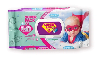 Вологі серветки Super Baby, SuperPak ромашка та алоє, 72 шт.