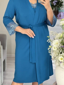 Жіночий халат з мереживом Julia J9075-50 віскоза бірюзовий 2XL