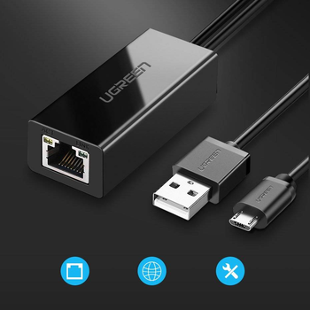 Cетевой адаптер Ugreen Ethernet RJ-45 - USB 2.0 Micro USB Black (6957303839858)