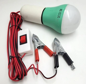Світлодіодна LED лампа 12V 5W лампочка знімна з патроном E27 кемпінгова на дроті із затискачами (крокодилами) та вимикачем