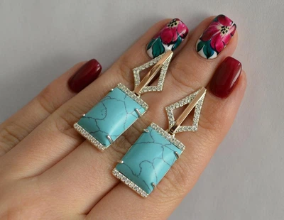 Серебряные серьги Silverstyle с кабашонами 146с, цвет камня - бирюза