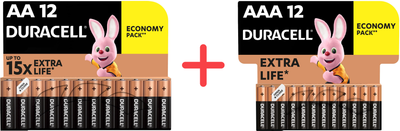 Набор Щелочные батарейки Duracell AA (LR06) MN1500 12 шт + Щелочные батарейки Duracell AAA (LR03) MN2400 12 шт (737055731649)