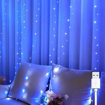 Гирлянда штора "Роса" 2x2м, 160 LED, от USB, 8 режимов, 8 нитей, Сине-белый