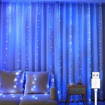 Гирлянда штора "Роса", 3x3м, 300 LED, от USB, 8 режимов + статический, IP44, Сине-белый