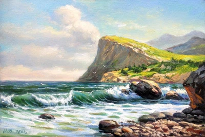 Картина маслом на холсте 20х30см Сила Природы: Скала и Море волны камни ручная работа художника Alleya-kartin