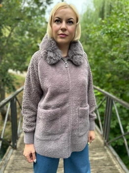 Куртка жіноча осіння з вовни "Альпака" з коміром 44-48 коричнева