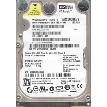 Жесткий диск 2.5" 250Gb Western Digital Scorpio Blue, SATA2, 8Mb, 5400 rpm (WD2500BEVS) (Ref) - Refurbished