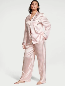 Піжама Сатинова (сорочка + штани) Victoria's Secret Satin Long Pajama Set M Рожева смужка (26613864)