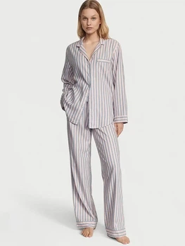 Піжама Фланель (сорочка + штани) Victoria's Secret Long Pajama Set M Блакитна смужка (26673647)