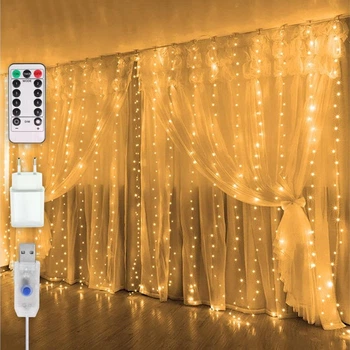 Гирлянда штора Роса + пульт, 3x3м, 300 LED, от USB и сети 220В, 10 нитей, 8 режимов, Теплый белый
