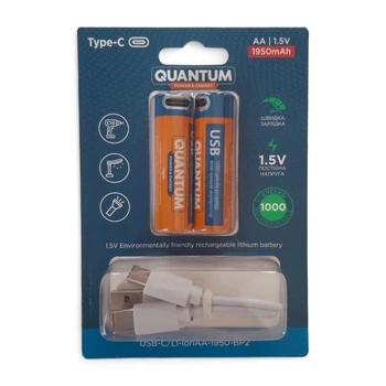 Аккумулятор Li-ion 14500 AA/HR6 1.5V с разъёмом Type-C для зарядки 1950mAh 2шт. Quantum