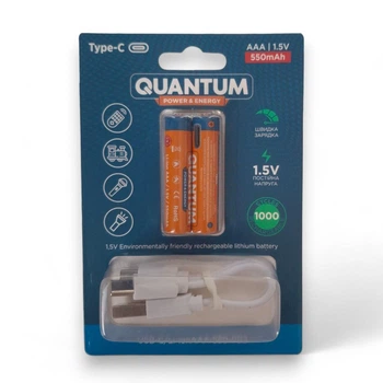 Акумулятор Li-ion 10440 AAA/HR03 1.5V із роз'ємом Type-C для зарядки 550mAh 2шт. Quantum