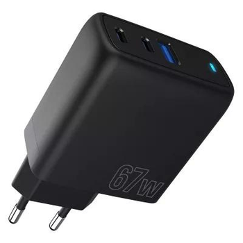 Мережевий зарядний пристрій 2 Type-C + USB з швидкою зарядкою, блок живлення 67W Shot GaN чорний, Proove (WCSG67120001)