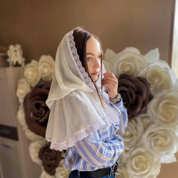 Женский палантин для посещения храма, церкви, монастыря, обряда крещения, венчания кружевной шифоновый платок на голову в церковь Оберег 80*120 см Betis молочный