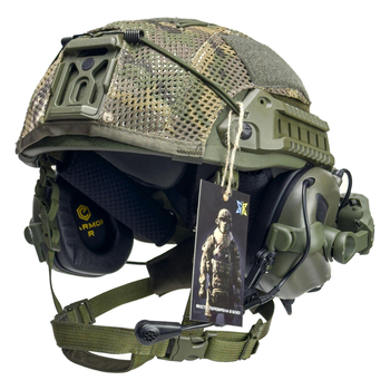 Комплект: тактический кевларовый шлем Sestan-Busch Helmet BK-ACH-HC Олива + наушники Earmor М32 + усиленные крепления типа "чебурашка" + 3D кавер мультикам. M-XL