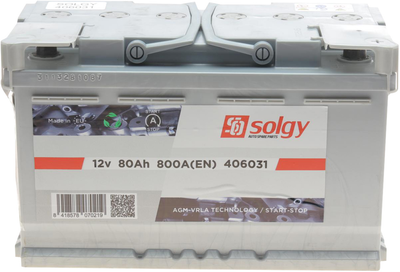 Аккумуляторная батарея Solgy Start-Stop AGM 80 А/час 800 A R+ B13 315 x 175 x 190 мм (406031)