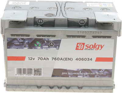 Аккумуляторная батарея Solgy Start-Stop EFB 70 А/час 760 A R+ B13 278 x 175 x 190 мм (406034)