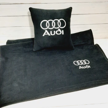 Плед та подушка автомобільні з вишивкою логотипа Audi Чорний + Чохол для зберігання (0741)