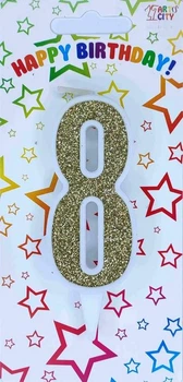 Свеча цифра на торт "8" белая с золотом