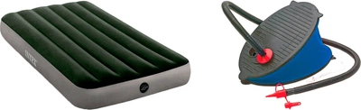 Набор Надувной матрас с насосом Intex Downy Airbed 99 x 191 x 25 см Зеленый (64777) + Ножной насос Intex 69611 (6941057466118)