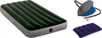 Набор Надувной матрас с насосом Intex Downy Airbed 99 x 191 x 25 см Зеленый (64777) + Ножной насос Intex 69611 (6941057466118) + Подушка надувная Intex 68672 прямоугольная 43х28х9 см Синяя (6941057403878)