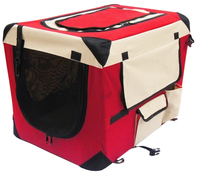 Мягкая клетка для собак SENFUL Pet Soft Crate с флисовым ковриком и чехлом, красно бежевая, M (60х42х42 см)