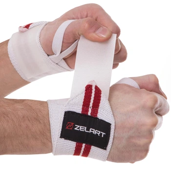 Бинты кистевые для жима STRENGTH WRIST WRAPS Zelart SB-167071 2шт белый-красный