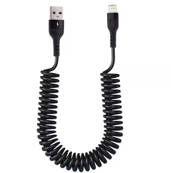 Пружинный Автомобильный Кабель для Быстрой зарядки iPhone Lightning 30W 5A Fast Charge в авто Black