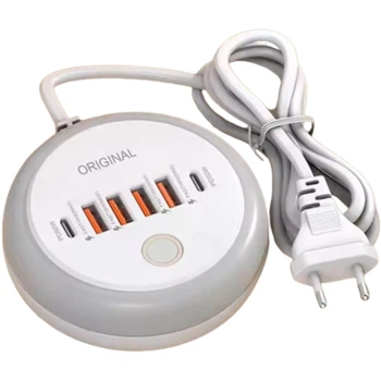 Мережевий Зарядний пристрій K-04 PD 50W MAX 4 USB 18W + 2 Type-C + Кругова LED Підсвітка Ночник світильник Сенсорна кнопка Зарядка для телефону Samsung, iPhone, Xiaomi, Redmi, Huawei, Realme