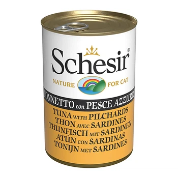 Вологий корм Schesir Tuna with Pilchards ШЕЗІР ТУНЕЦЬ З САРДИНОЮ в желе натуральні консерви для котів, банка 140г