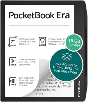 Электронная книга 7" PocketBook 700 Era 1/16Gb / Wi-Fi / Bluetooth / Настраиваемая яркость / Влагозащищенность IPX8 / Динамики / До 4 недель работы от батареи / Серебристый