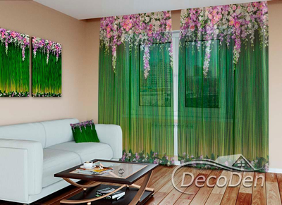 3D - Фото Тюль PHOTODECOR "Ламбрекен із квітів. Зелені"
