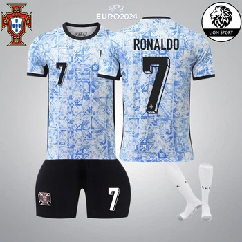 Футбольна форма дитяча Lion Ronaldo (Роналдо) 7 з гетрами (розмір 34-38) Збірна Португалії, сезон 24/25, 28 розмір, ріст 150-155 см, синьо-біла з чорним (FS-РВ-RN-28)