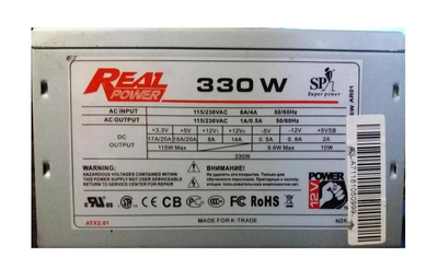 Блок питания 330 Вт RealPower, 20+4 pin, питание видеокарты - Нет, 80 мм, ATX, CG-330 AR01 Б/У