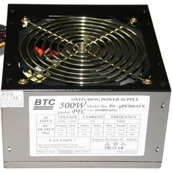 Блок питания 500 Вт BTC, 24+4+4 pin, питание видеокарты – 1x6pin, 120 мм, ATX, PS-PPF500ATX Б/У