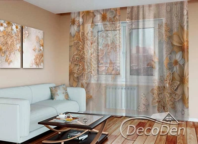 3D - Фото Тюль PHOTODECOR "3D Цветы с бабочками и стразами"
