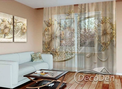 3D - Фото Тюль PHOTODECOR "Золоті квіти та стрази" 1 кв.м