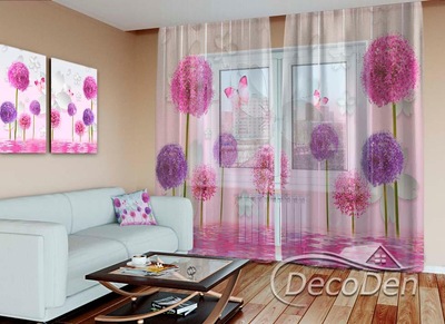 3D - Фото Тюль PHOTODECOR "3D Рожеві квіти та метелики"