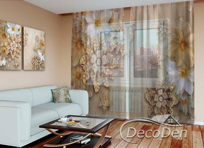 3D - Фото Тюль PHOTODECOR "3D Квіти зі стразами та метеликами"