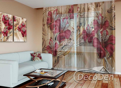 3D - Фото Тюль PHOTODECOR "Бордові квіти та стрази"